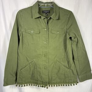 Talbots Womens SP Green Button Down Utility Jacket Blazer Pom Pom Detail Cute!